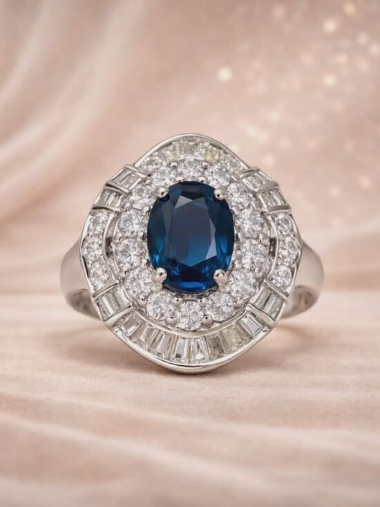 gemological Jewelry - Natural Blue Sapphire & Diamond Statement Ring – 18K White Gold Brand New